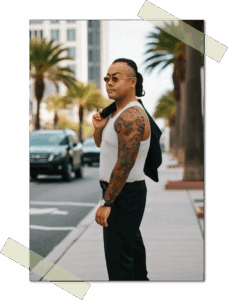 Chef witha blazer walking along the streets of San Diego