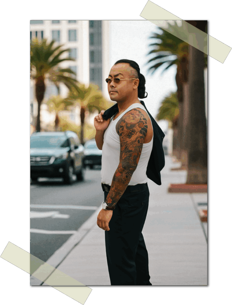 Chef witha blazer walking along the streets of San Diego
