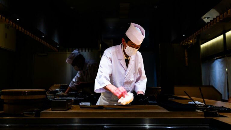 Japan Cuisine : A plate of delicately prepared sushi served in a quiet Japanese restaurant in Singapore.