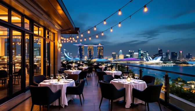 The image showcases an elegant restaurant terrace with breathtaking views of Marina Bay Sands and the Singapore city skyline, creating a perfect setting for a fine dining experience. Diners can enjoy exquisite cuisine and impeccable service while savoring seasonal ingredients and crafted dishes in this sophisticated atmosphere, ideal for special occasions.