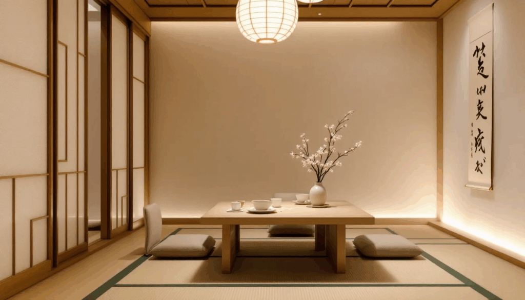 The image depicts an elegant private dining room featuring traditional Japanese design elements, characterized by a refined ambiance and sophisticated setting that enhances the dining experience. This space is perfect for special occasions, offering guests a glimpse into the culinary excellence of fine dining restaurants in Singapore.