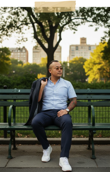 Sushi Masa First Year: Chef Masa sitting quietly on a park bench, reflecting on his journey.