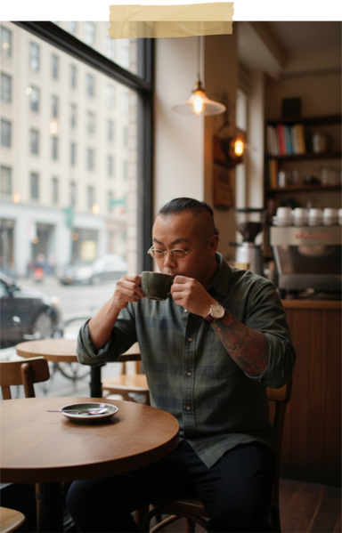Sushi Masa First Year: Chef Masa enjoying a quiet coffee moment at a cosy café.