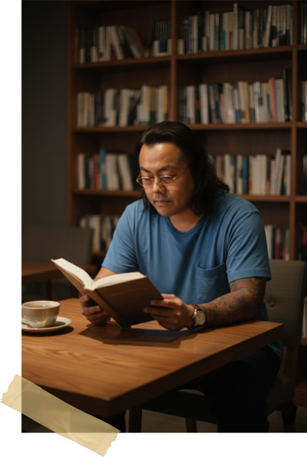 Sushi Masa First Year: A peaceful moment of Chef Masa enjoying a book in the café.