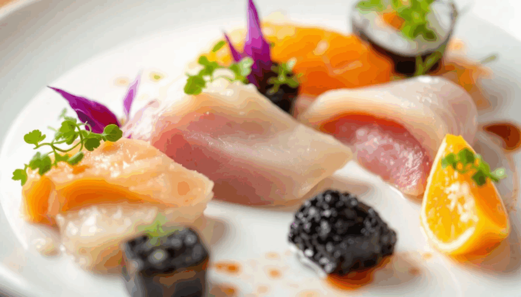 An artfully plated omakase course showcases seasonal ingredients, reflecting culinary excellence and creativity. This exquisite dish, typical of fine dining restaurants in Singapore, promises to delight the taste buds with its rich flavors and impeccable presentation.