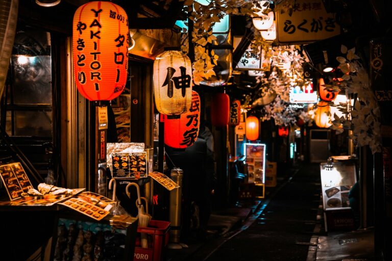 The Guide to Japanese Food : Warm lantern light illuminating a narrow alley lined with Japanese eateries.