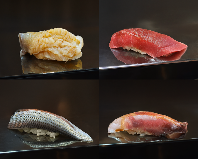 A selection of assorted sushi pieces crafted by the chef at Sushi Masa, each with unique toppings and precise presentation