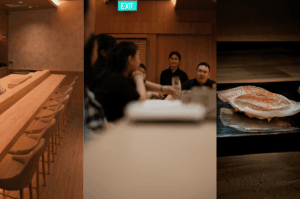 Triptych capturing the essence of omakase at Sushi Masa in Singapore: a serene sushi bar with warm wood tones and minimalist elegance; diners engaged in intimate conversation under soft lighting; and a close-up of expertly crafted sushi, highlighting the precision and seasonal artistry that define this acclaimed culinary experience.