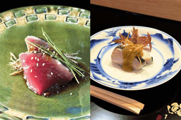 Two elegantly plated sashimi dishes served in Sushi Masa’s private dining room: on the left, soy-marinated slices of bonito garnished with sesame seeds, chives, and shredded ginger on a green patterned plate; on the right, seared mackerel sashimi topped with crispy ginger threads and a savory glaze, presented on a white-and-blue porcelain dish—each plate a quiet celebration of seasonal precision and intimate culinary artistry.