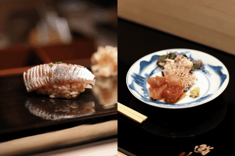 Elegant sushi and sashimi presentation from Sushi Masa by Ki-Setsu, Singapore’s premier omakase destination; silver-skinned mackerel sushi and assorted sashimi plated with traditional garnishes reflect the restaurant’s seasonal precision and Japanese craftsmanship.