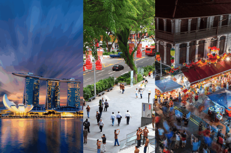 Collage of three dynamic scenes capturing Singapore’s best dining experience and cultural vibrancy: Marina Bay Sands and the ArtScience Museum glow under crystalline lights at dusk, setting the stage for fine dining and cocktail pairing options near ocean restaurants where manta rays glide below. A festive urban street, decorated for event Sat and event Mon, pulses with human energy, familiar dishes, and multi-sensory dining experiences. A bustling night market unfolds in the final panel, where guests dine amid traditional architecture, discover unique cuisine, and sip cocktails in a wonderland of tastes, sights, and sounds. From the officer’s club to the elephant palace, from Mount Faber to the Royal Albatross, Singapore’s multi-room venues offer unforgettable meals, sophisticated decor, and non-alcoholic options — creating inspired memories through food, drink, and the notion of complete sensory immersion. Tickets sold, non-refundable and non-exchangeable, make for the best gifts and access to a journey through Southeast Asia’s most unique dining experiences.