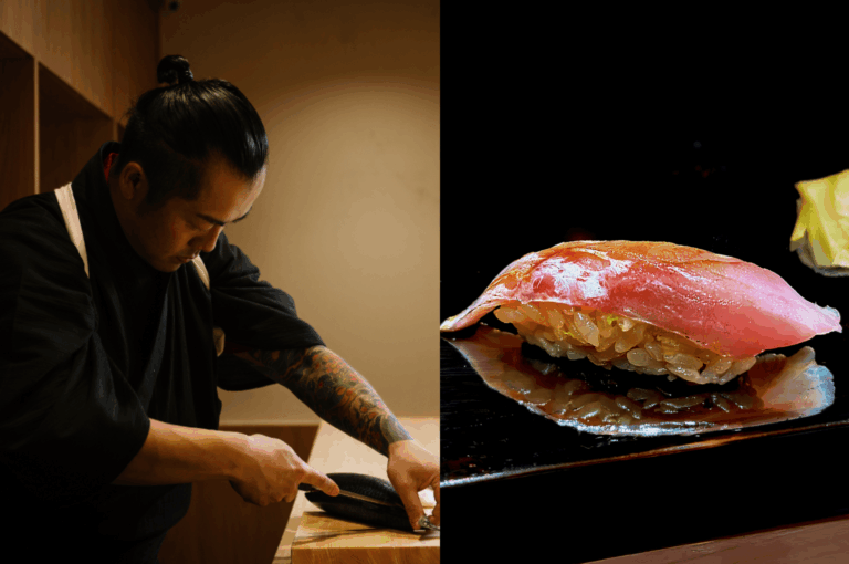 Split image from Sushi Masa, the best omakase restaurant in Singapore, capturing a multi-sensory dining experience led by Chef Masa. On the left, Chef Masa prepares fresh fish with precision and focus, embodying the inspired concept of fine dining rooted in Southeast Asia’s culinary excellence. On the right, a close-up of glossy maguro nigiri rests on a reflective black surface, served with pickled ginger — a dish that evokes unforgettable tastes, sophisticated decor, and human connection.