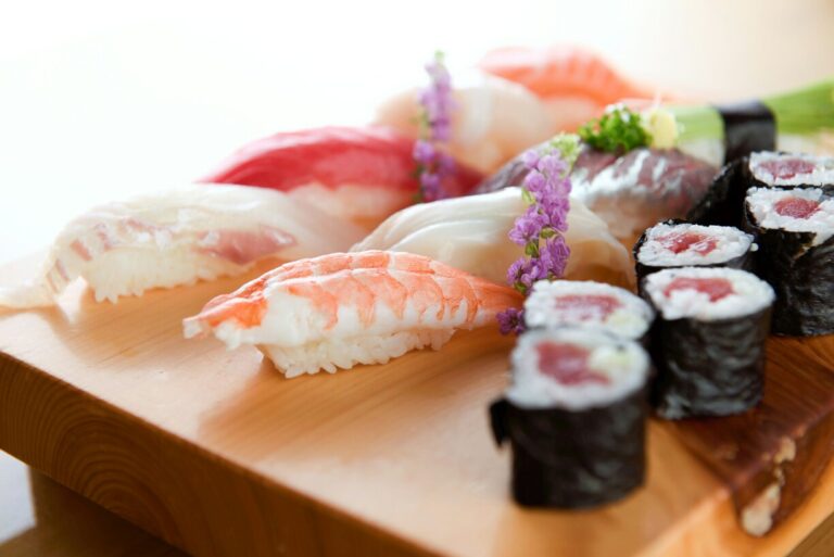 An artfully crafted plate of sushi featuring vibrant colours and delicate textures, served with precision to highlight the chef’s skill