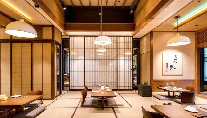 The image depicts the interior of an elegant Japanese restaurant in Singapore, featuring traditional wooden elements complemented by modern lighting. The ambiance reflects a fusion of cultural influences, offering a serene dining experience that highlights the rich cuisine of Singapore.