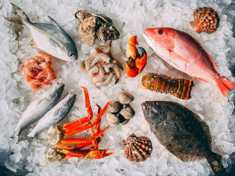 Fresh seafood displayed on crushed ice, showcasing oysters, prawns, and sashimi-grade fish.