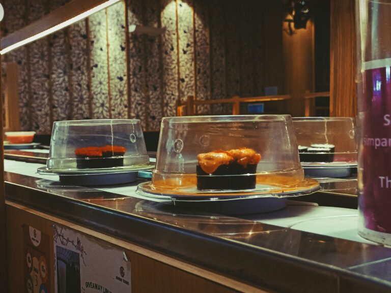 A variety of sushi served in a Japanese restaurant setting, capturing the ambiance and refined presentation