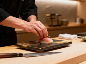 A skilled chef gently places a handcrafted sushi piece onto a sleek black plate, highlighting the elegance and precision of omakase dining.