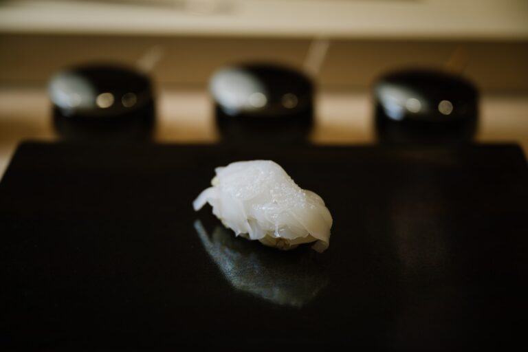 A clean, minimalist presentation of sashimi sushi, featuring smooth slices of premium fish placed with precision on a traditional Japanese plate.