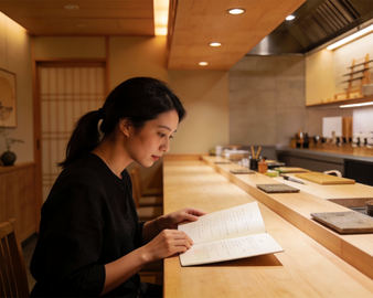 A woman reading the omakase menu before dining, capturing anticipation and the quiet elegance of a curated experience.