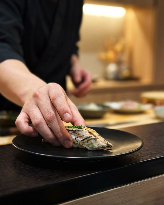 Chef Masa gently places sushi onto the plate by hand, a final, intentional gesture that completes the dialogue between chef and guest.