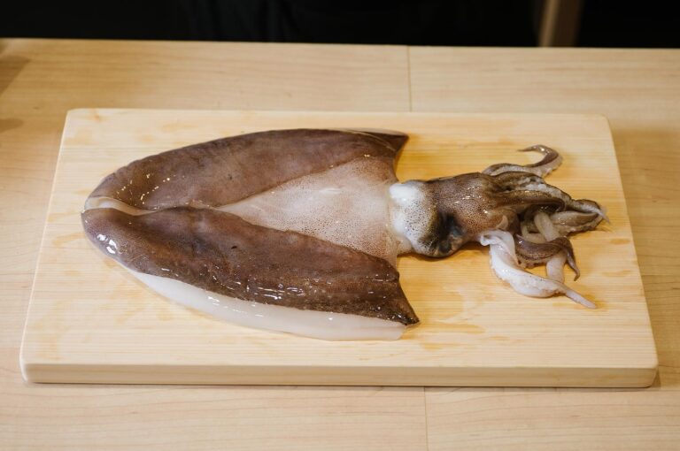 A fresh, whole raw squid resting on a wooden cutting board, prepared for cleaning and sushi making.