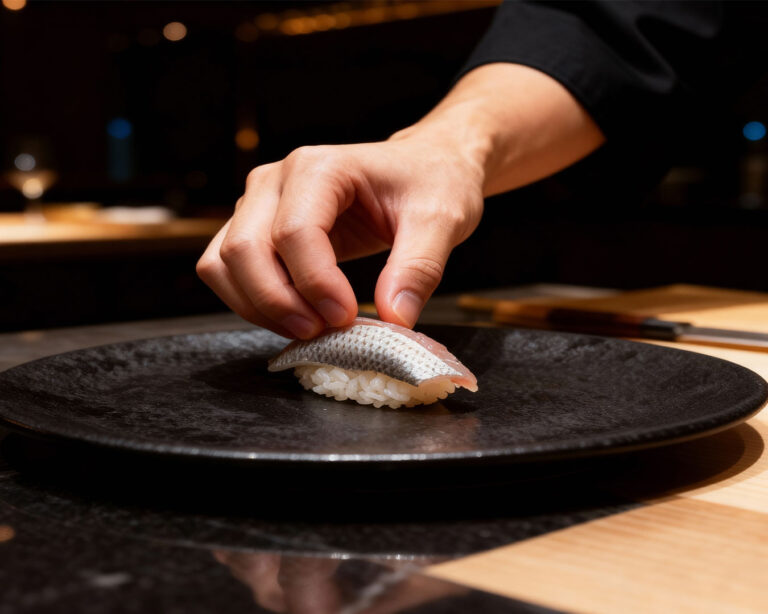 A chef’s hand carefully placing sushi onto a plate, showing precision and attention to detail.