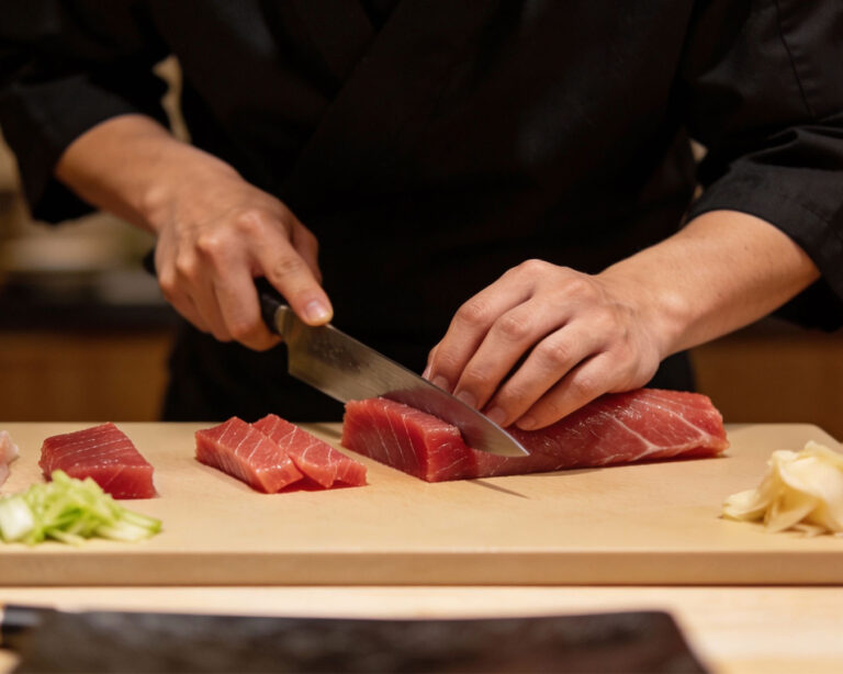 A sushi chef carefully slices premium tuna with a long knife, highlighting the craftsmanship and precision behind each cut prepared for omakase service.