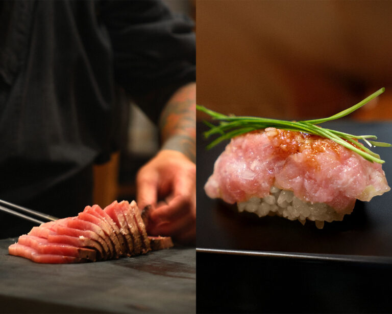 Chef Amsa carefully prepares sushi behind the counter, demonstrating precision and focus as he assembles each dish with years of expertise and respect for Japanese culinary tradition.