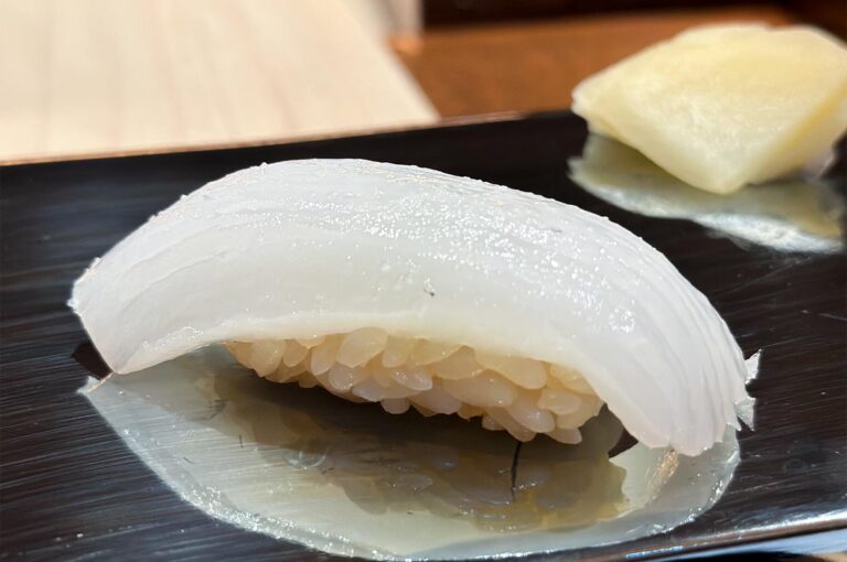 A close-up of a finished squid nigiri (Ika) piece with delicate score marks, served on a black lacquered plate with pickled ginger.