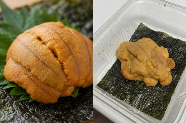 A side-by-side comparison of premium sea urchin (uni); the left shows a vibrant orange lobe on a shiso leaf, while the right shows uni in a takeout container on nori.