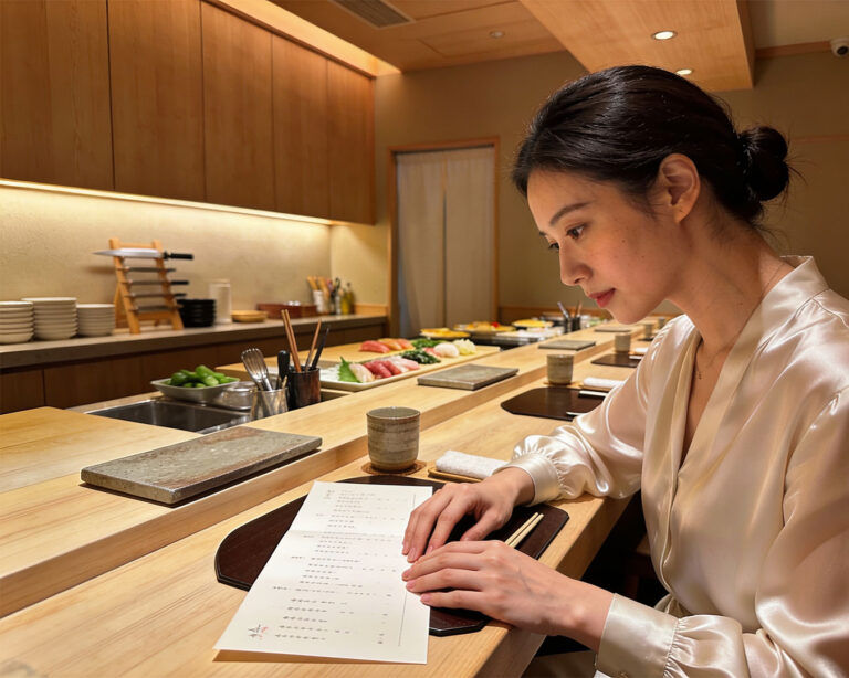 A woman seated at the sushi bar, watching the chef prepare sushi in front of her, enjoying a personalised and immersive omakase dining experience.