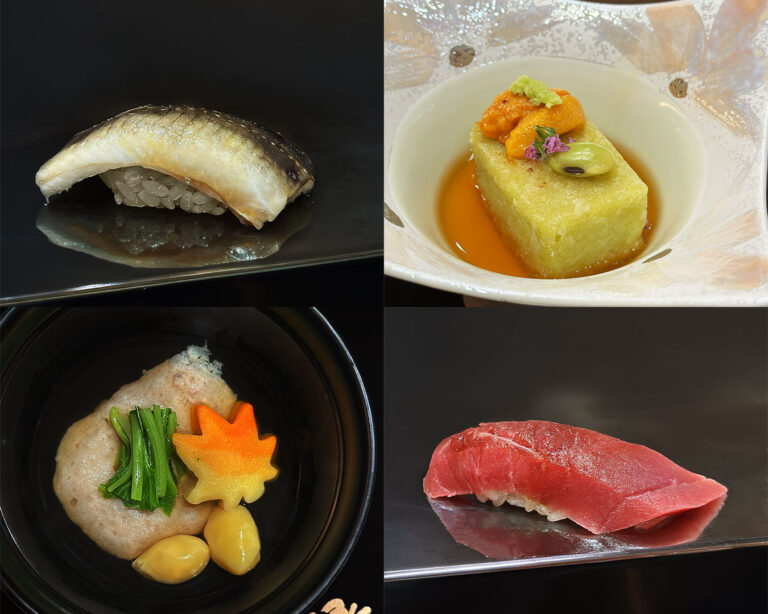 Four signature dishes from Sushi Masa are arranged neatly on the counter, presenting a refined progression of textures, flavours, and craftsmanship.