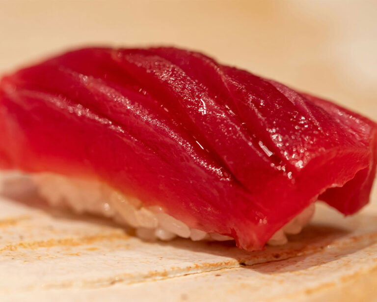 A piece of chutoro sushi placed neatly on a plate, featuring lightly marbled tuna belly over seasoned rice, showing a balance of lean meat and rich fat for a tender, buttery texture.