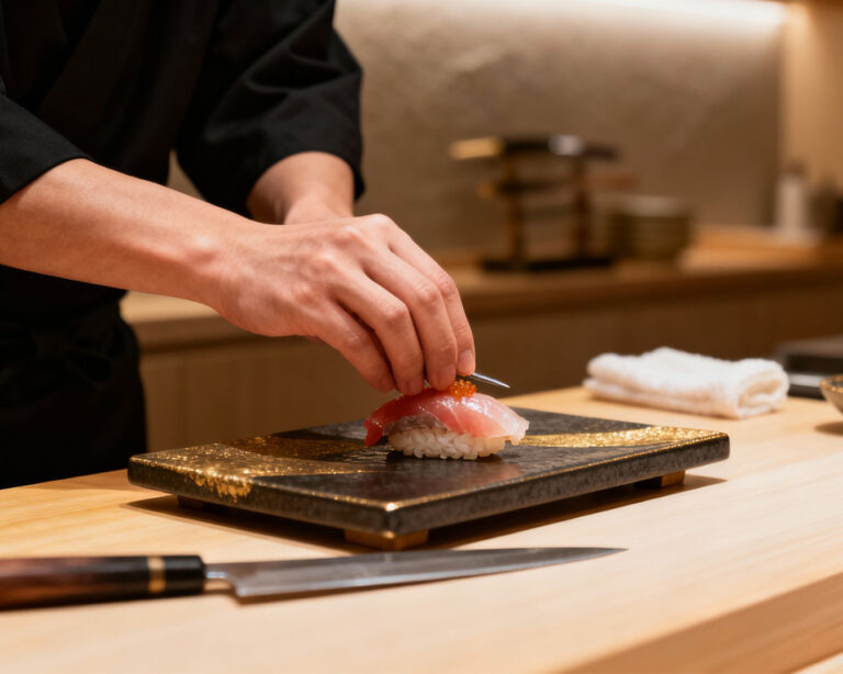 Close-up of a chef’s hand carefully shaping sushi with precision, highlighting craftsmanship, freshness, and attention to detail.