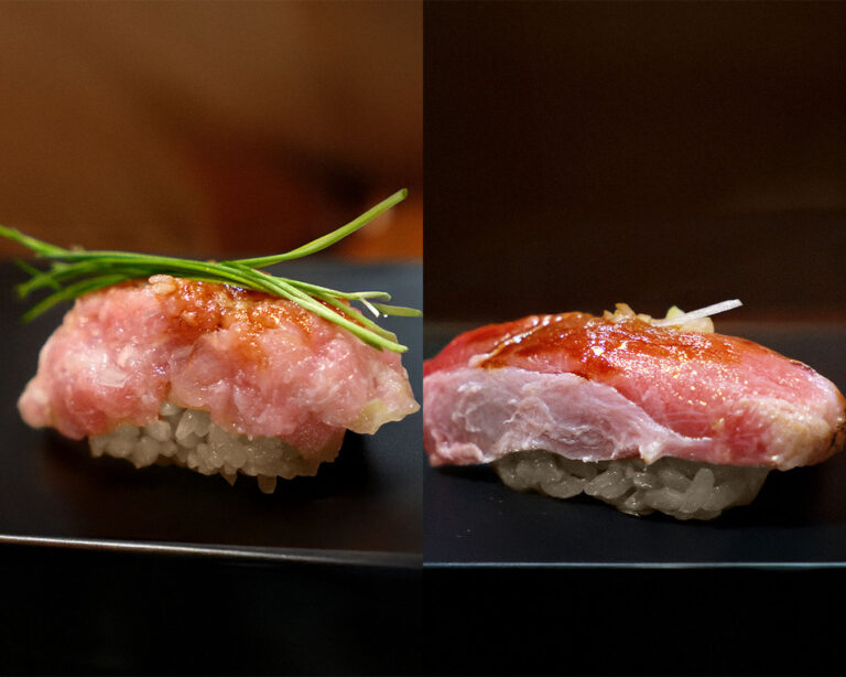 Two images of sushi omakase dishes from Sushi Masa by Ki-setsu, showcasing refined presentation and premium ingredients.