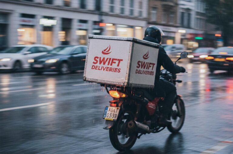 A Swift Deliveries courier on a motorcycle with a large cargo box driving through city traffic on a rainy evening.