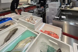 A wide variety of fresh whole fish, including red snapper and yellowtail, displayed on ice in white styrofoam crates at a Japanese seafood wholesale market.