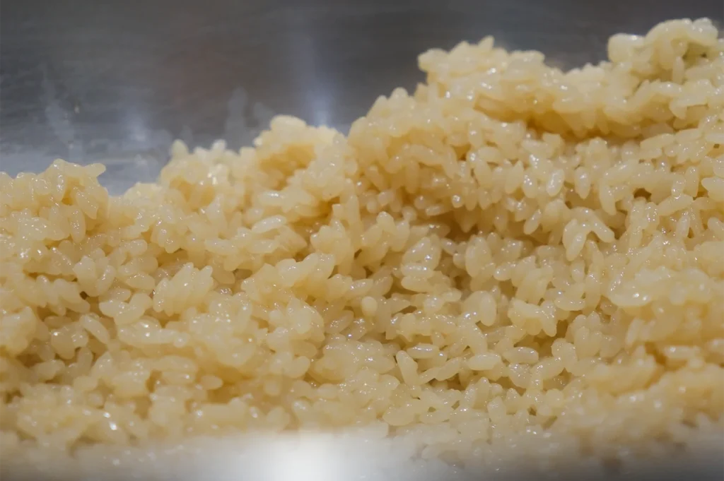 A detailed close-up of seasoned sushi rice (shari) with a warm tint, likely seasoned with red vinegar (akazu), showing individual glossy grains.