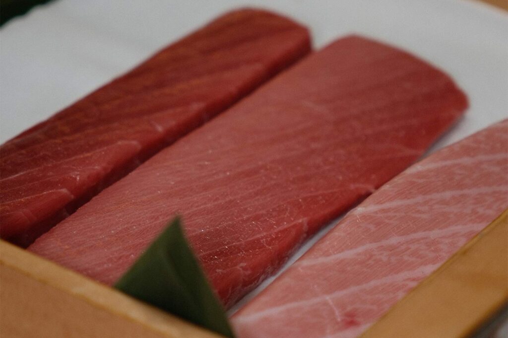 Three rectangular slabs of raw tuna showing different fat grades: lean akami, medium-fatty chutoro, and marbled otoro.