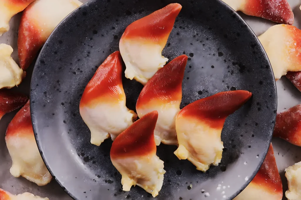 Close-up of raw, vibrant red and white surf clams arranged on a speckled gray plate. The clams' glossy surface suggests freshness.