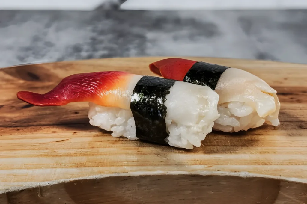 Close-up of two sushi pieces with red clam and white fish on rice, wrapped in seaweed, served on a wooden board. The setting is minimalist and elegant.