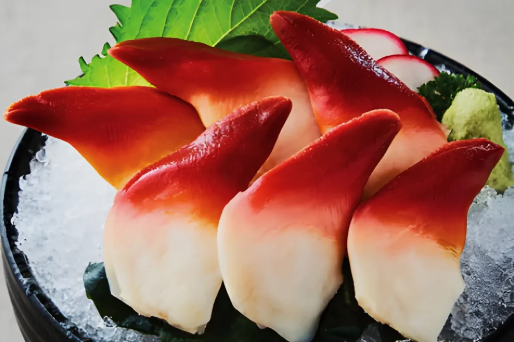 Close-up of sashimi-style surf clams with vibrant red and white hues, arranged on ice. Garnished with green shiso leaf, radish slices, and wasabi.