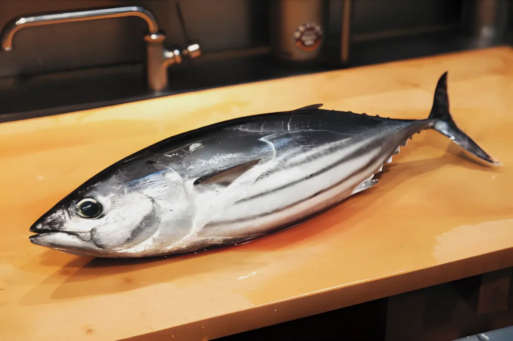Fresh whole fish with silver and dark stripes lies on a wooden countertop in a kitchen, near a stainless steel sink. The scene suggests preparation.