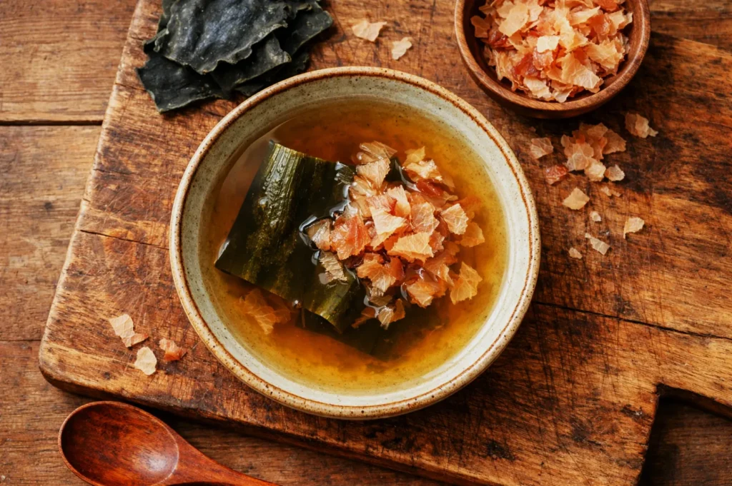 A rustic wooden board holds a bowl of clear dashi soup with kombu and bonito flakes. A wooden spoon and extra bonito flakes rest nearby, creating an inviting and warm atmosphere.