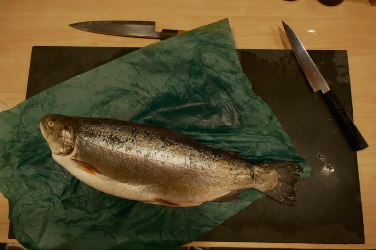 A whole fish on a green sheet of plastic, with knives nearby on a black cutting board.
