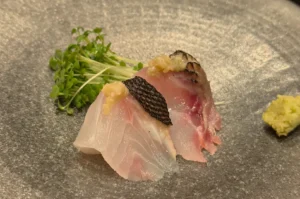 Plate of sashimi featuring two pieces of fish with garnishes, including microgreens and wasabi, on a textured gray surface.