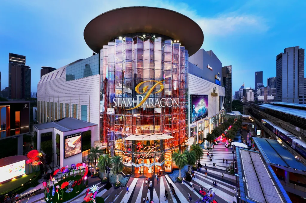 Siam Paragon shopping mall in Bangkok, Thailand, with modern architecture and a bustling atmosphere.