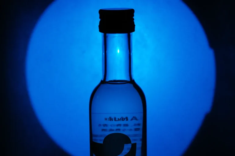 A silhouetted bottle against a blue circular background.