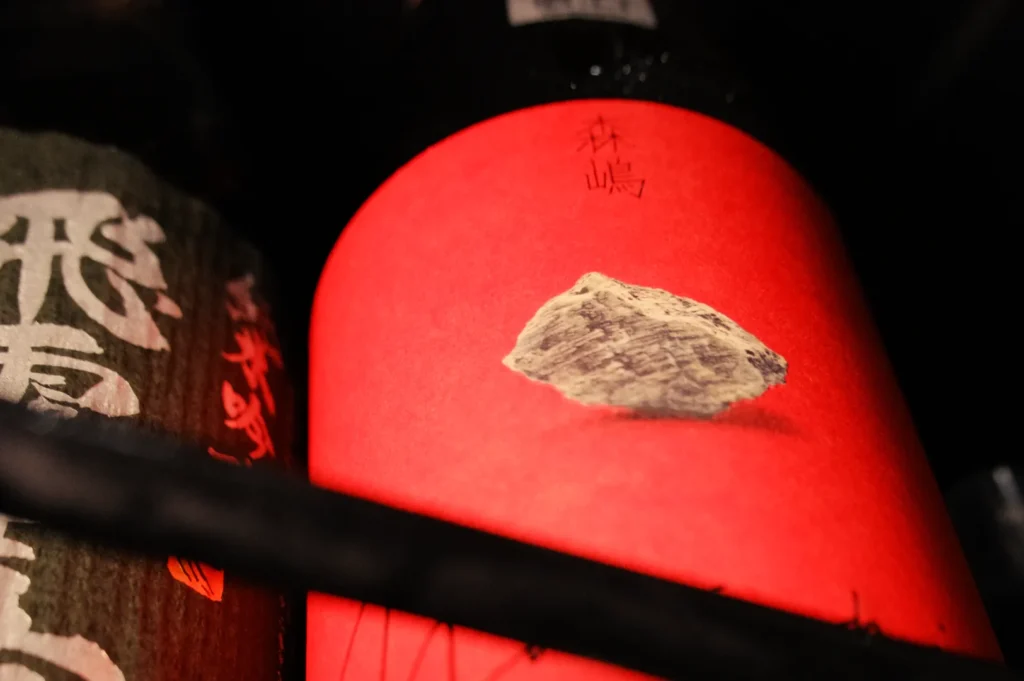 A close-up of a wine bottle with a red label featuring a stone illustration, surrounded by other bottles with dark labels.